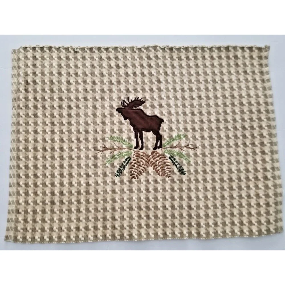 St Nicholas Square Fabric Placemats Textured Applique Embroidered Moose Set of 4